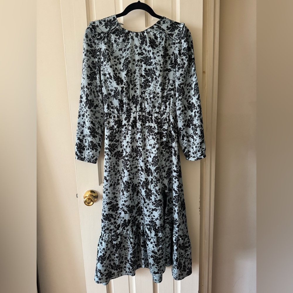 Zara Blue Floral Satin Long Sleeve Midi Dress